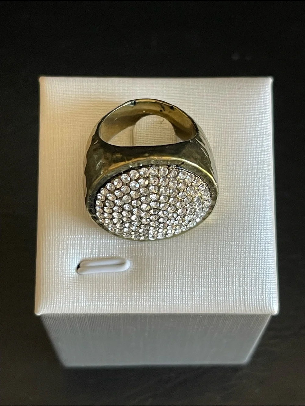 Brass Pave Crystal Round Cocktail Ring.